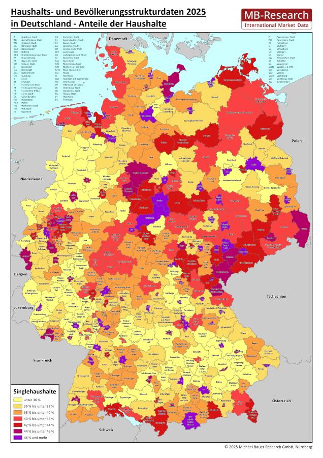 Haushalts- und Bevölkerungsstruktur 2024 auf Landkreisebene für Singlehaushalte in Deutschland