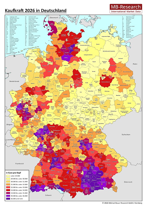 MB-Research Kaufkraft 2026 in Deutschland auf Ebene der Stadt- und Landkreise